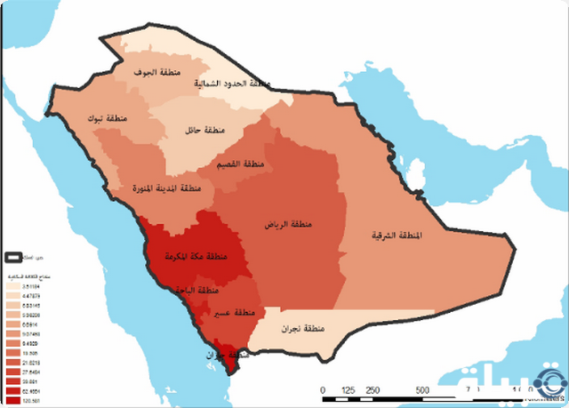 خريطة الكثافة السكانية في السعودية